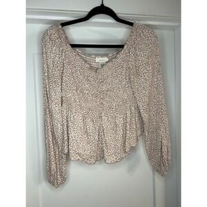 Urban Romantics Mauve Leopard Smocked Peplum Blouse Square Neck Long Sleeve